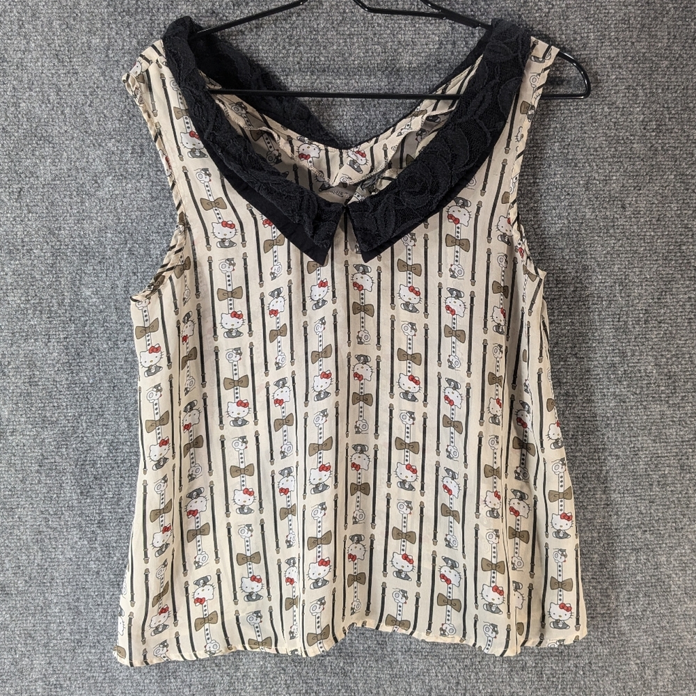 VTG SANRIO HELLO KITTY Print Blouse XL Sleeveless Lace Collar Sheer Tan Top